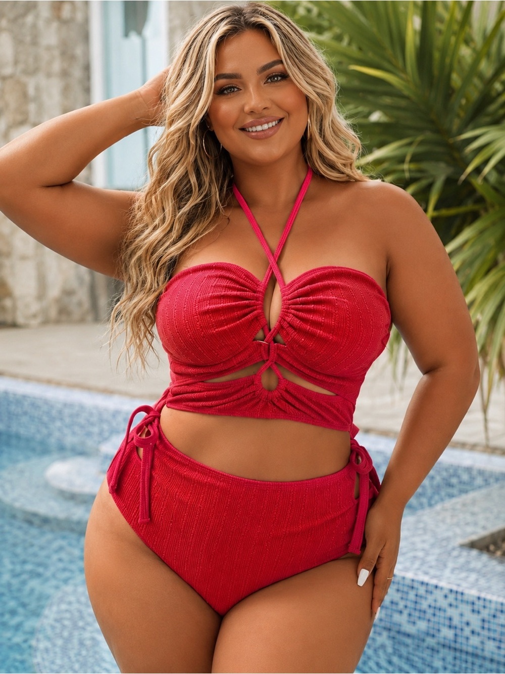 Plus Size Red Halter Tie Side Bikini Set
